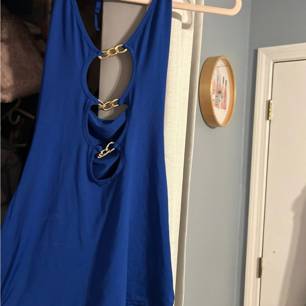 Blue mini dress with Gold Chain Accents